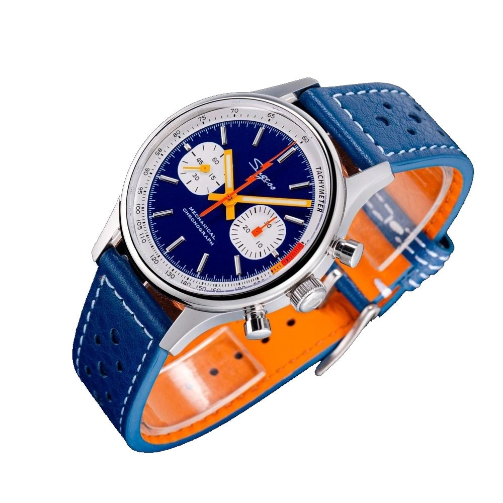 Sugess S387 dark blue chronograph on blue racing leather strap, dramatic angled view