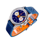 Sugess S387 dark blue chronograph on blue racing leather strap, dramatic angled view