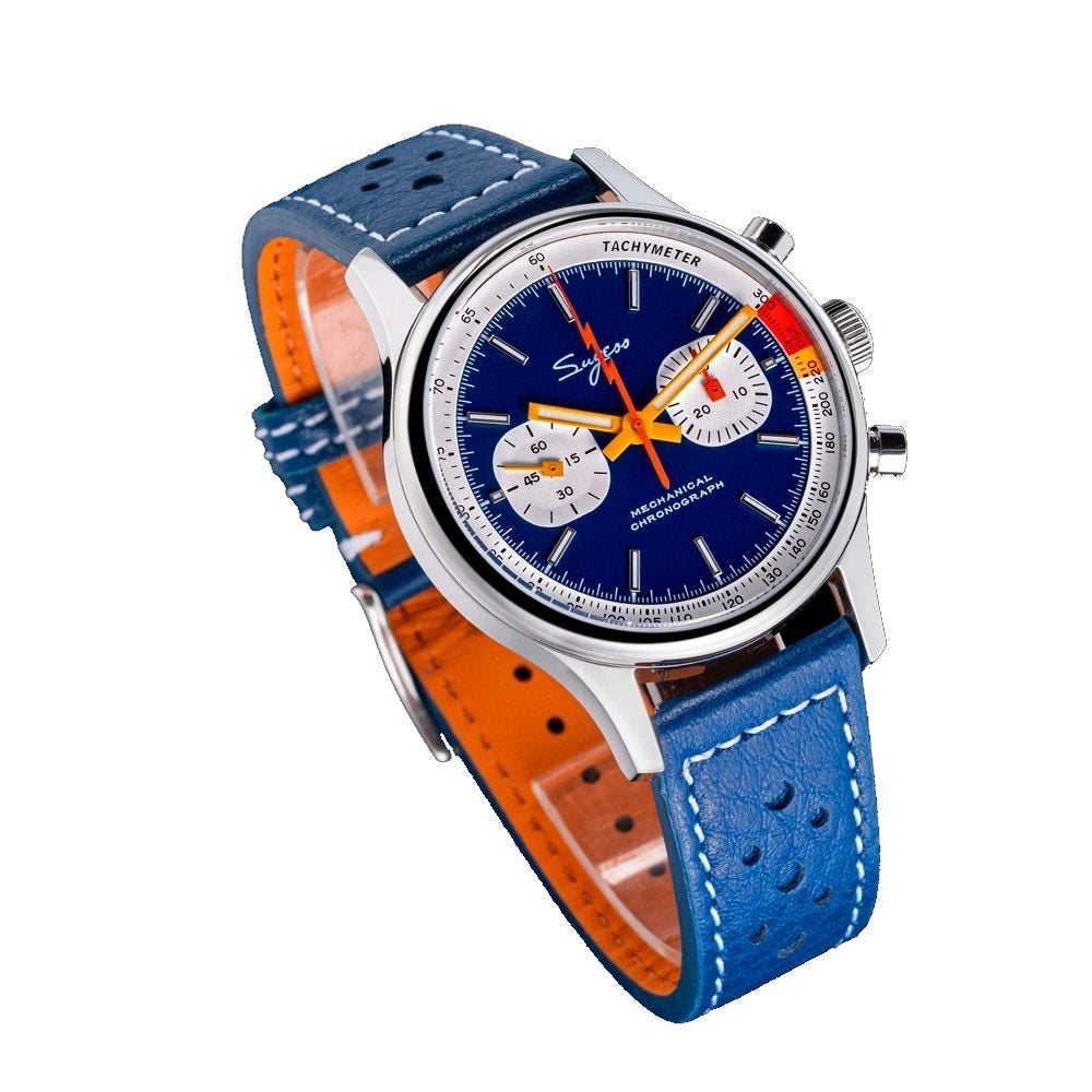 Sugess S387 dark blue chronograph on blue racing leather strap, three-quarter angled view