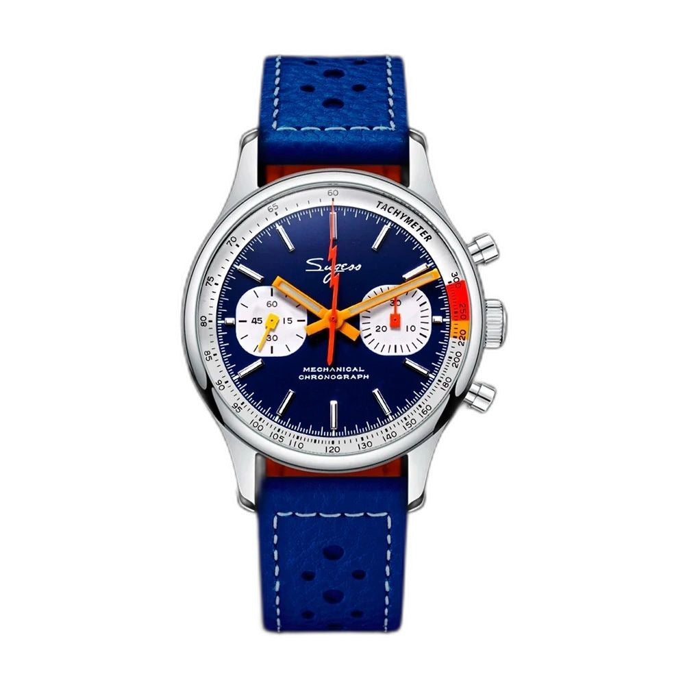 Sugess S387 mechanical chronograph 40mm, dark blue dial with white sub-dials, blue racing leather strap, front view