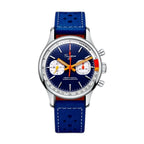Sugess S387 mechanical chronograph 40mm, dark blue dial with white sub-dials, blue racing leather strap, front view