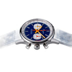 Sugess S387 dark blue chronograph side profile with S screw crown and pushers, blue leather strap