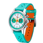 Sugess S387 white-and-tiffany chronograph on tiffany leather strap, angled view with buckle