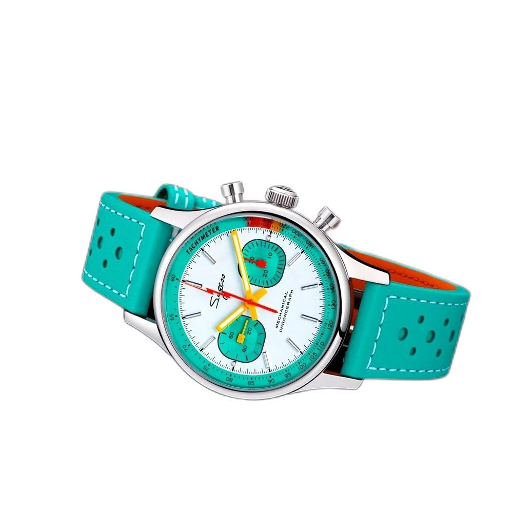 Sugess S387 white-and-tiffany chronograph on tiffany leather strap, three-quarter angled view