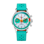 Sugess S387 mechanical chronograph 40mm, white dial, tiffany-blue ring and sub-dials, tiffany leather strap, front view