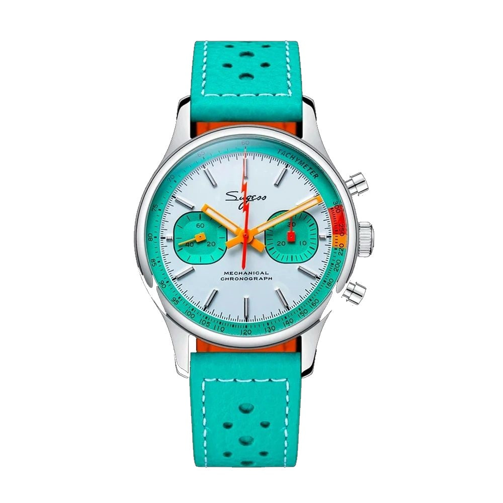 Sugess S387 mechanical chronograph 40mm, white dial, tiffany-blue ring and sub-dials, tiffany leather strap, front view
