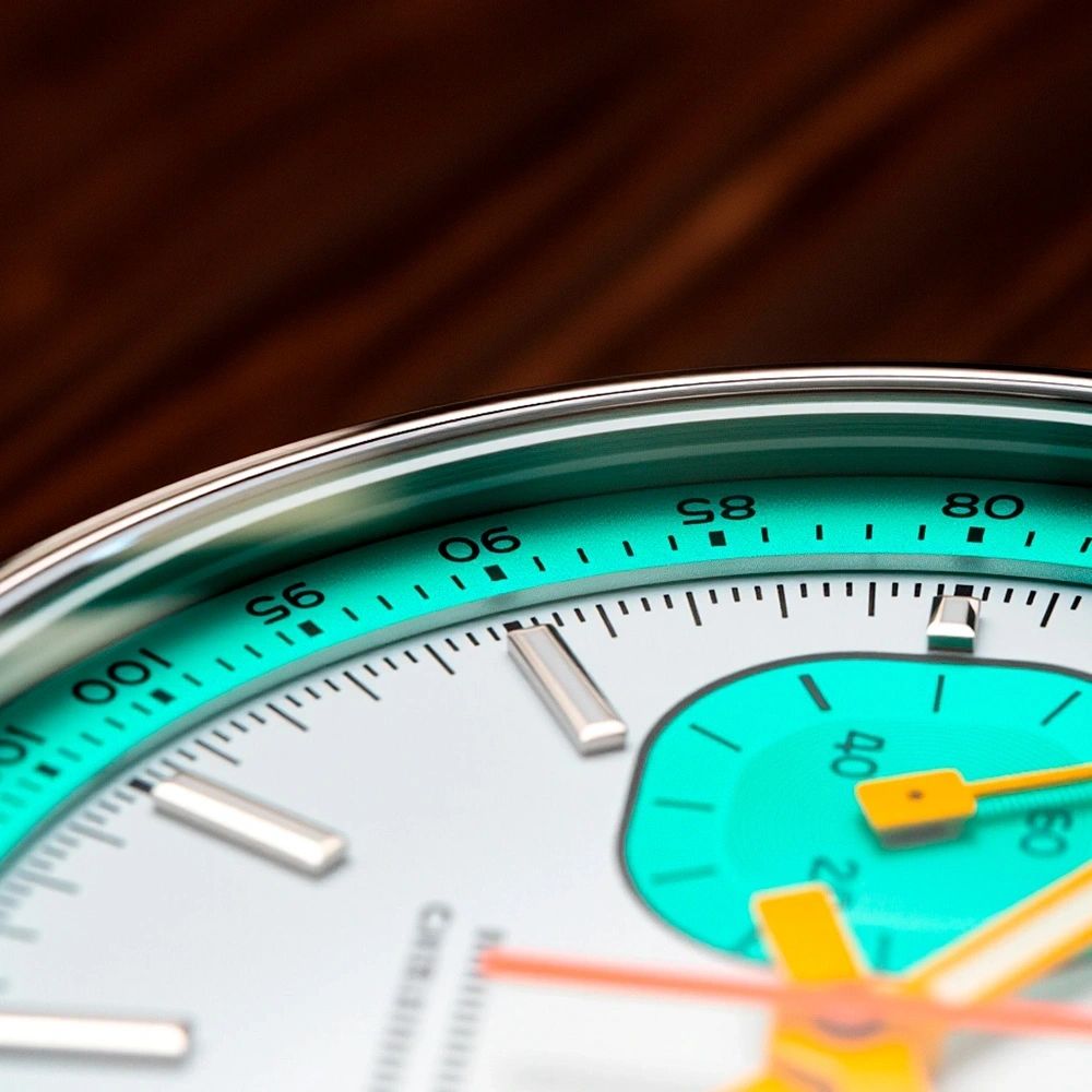 Sugess S387 dial macro, tiffany-blue tachymeter ring and applied markers, sub-dial close-up
