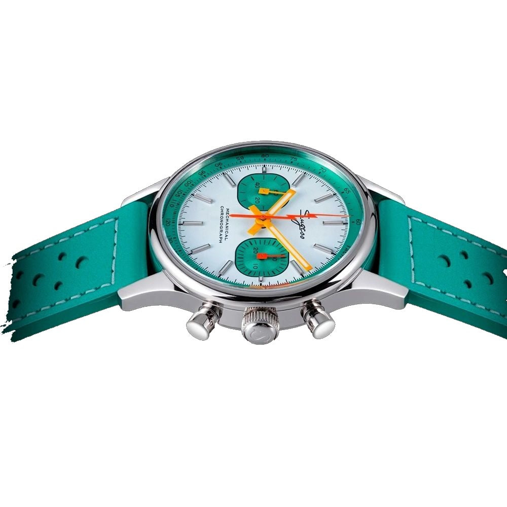 Sugess S387 tiffany-blue chronograph side profile showing the pump pushers, tiffany leather strap