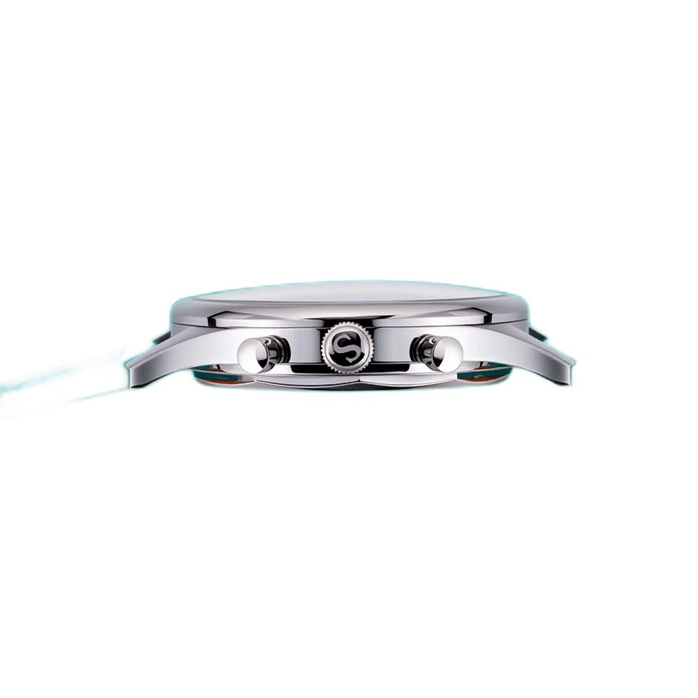 Sugess S387 tiffany-blue chronograph side profile with S screw crown and pushers, tiffany leather strap