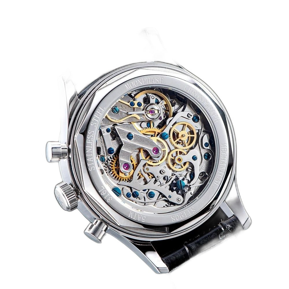 Sugess S389-2-01 exhibition caseback, ST1908 hand-wound moonphase chronograph movement, 316L steel, 5ATM