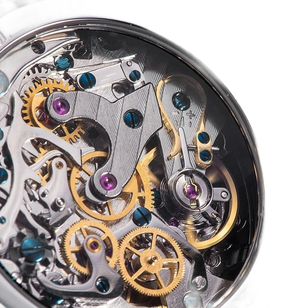 Sugess S389-2-01 ST1908 moonphase chronograph movement macro through the sapphire caseback, close-up