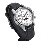 Sugess S389-2-01 moonphase chronograph on black croc leather strap, three-quarter angled view