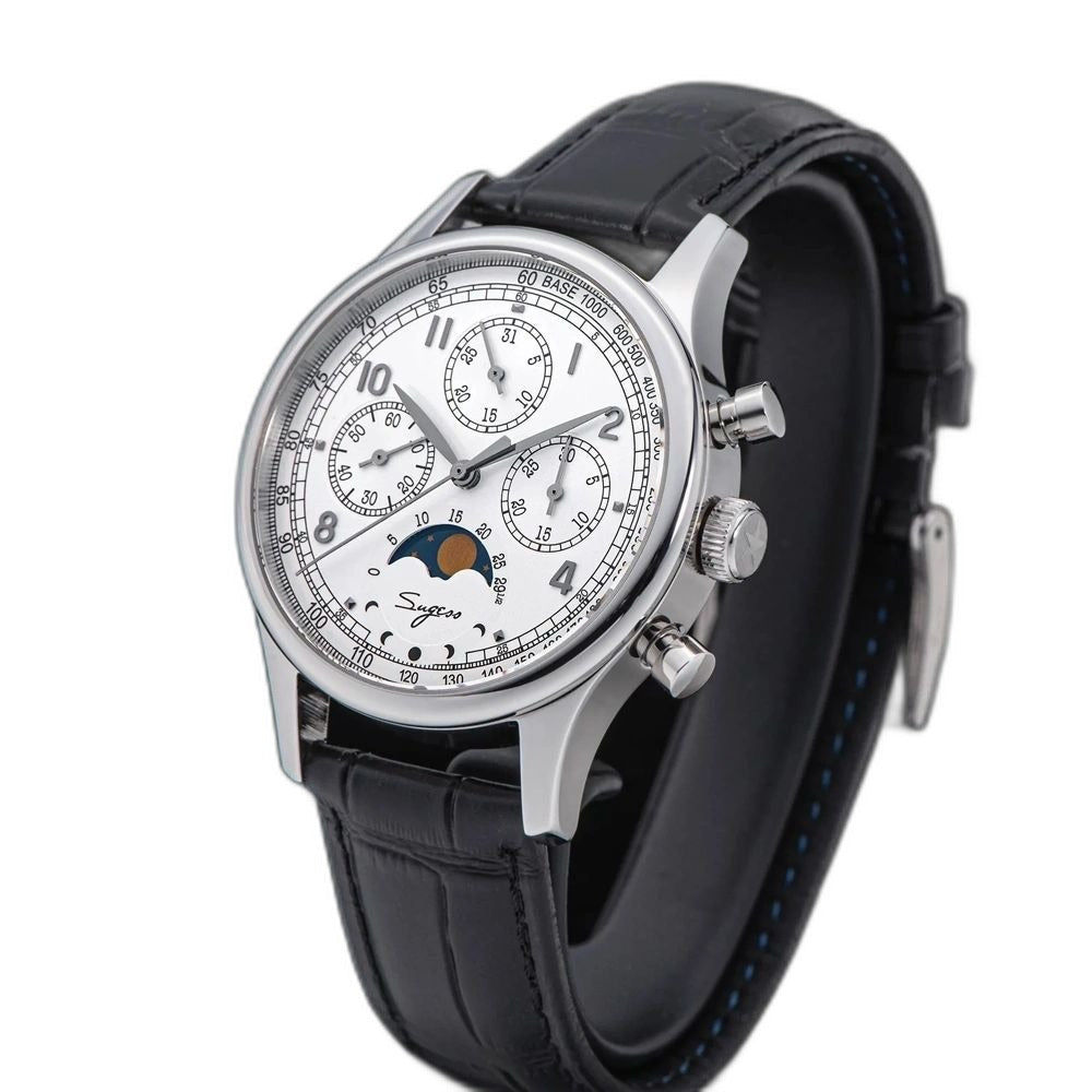 Sugess S389-2-01 moonphase chronograph on black croc leather strap, angled studio product view