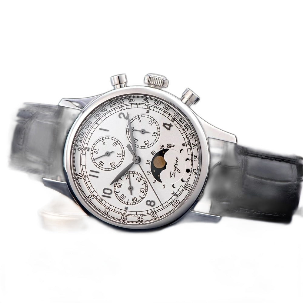 Sugess S389-2-01 moonphase chronograph on black leather strap, angled on blue surface, three-quarter view