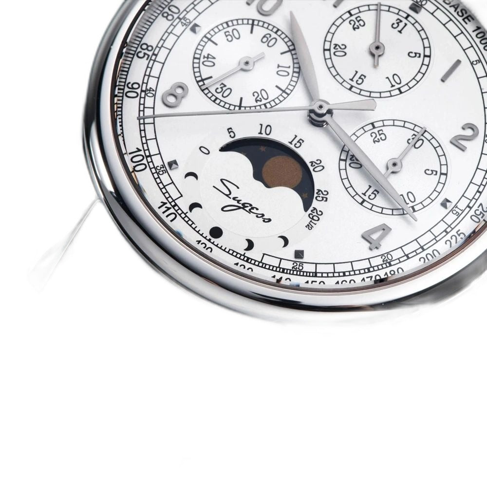 Sugess S389-2-01 moonphase chronograph angled close-up showing moon phase and pusher, black leather strap