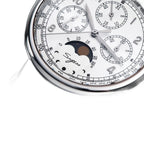 Sugess S389-2-01 moonphase chronograph angled close-up showing moon phase and pusher, black leather strap