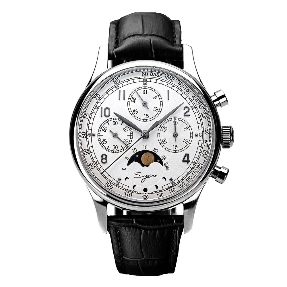 Sugess S389-2-01 moonphase mechanical chronograph 40mm, silver-white dial, moon phase at 6, black leather strap, front