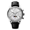 Sugess S389-2-01 moonphase mechanical chronograph 40mm, silver-white dial, moon phase at 6, black leather strap, front