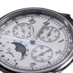 Sugess S389-2-01 silver-white dial macro, triple sub-dials and moon phase, applied Arabic numerals, close-up