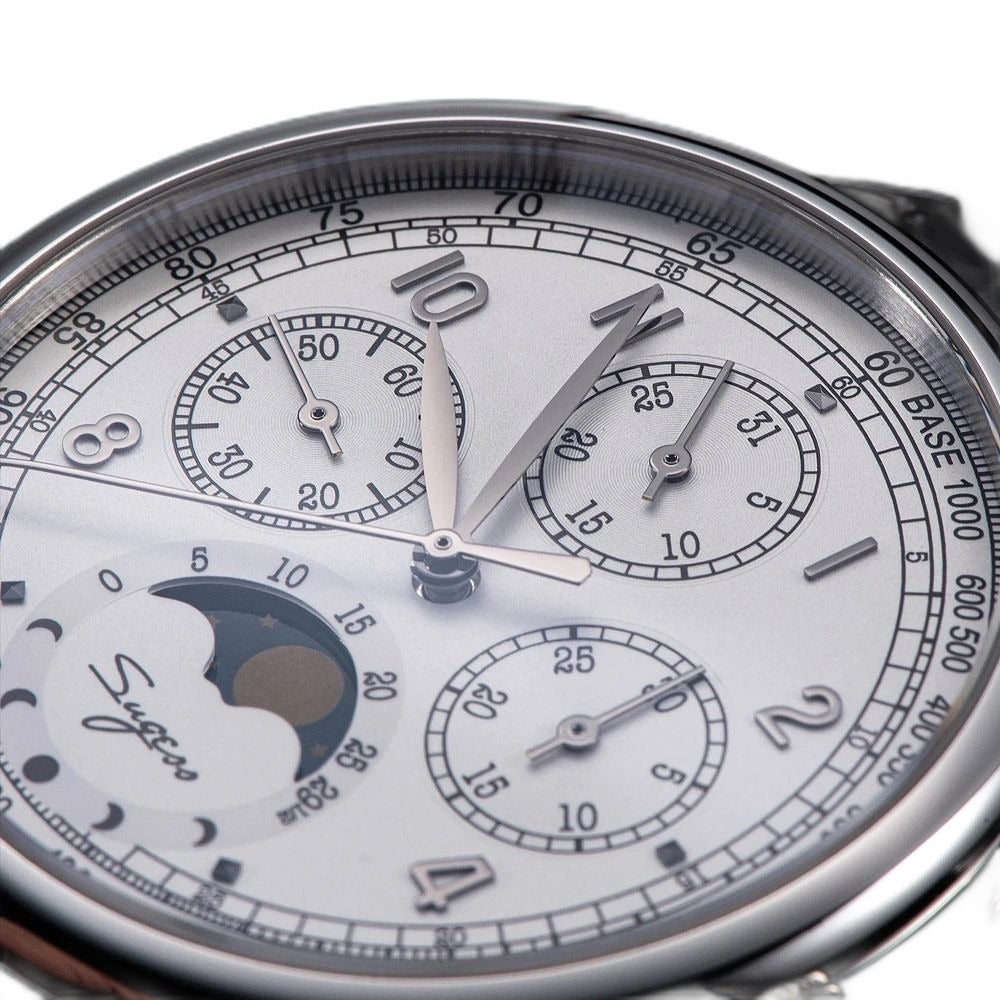 Sugess S389-2-01 silver-white dial macro, triple sub-dials and moon phase, applied Arabic numerals, close-up