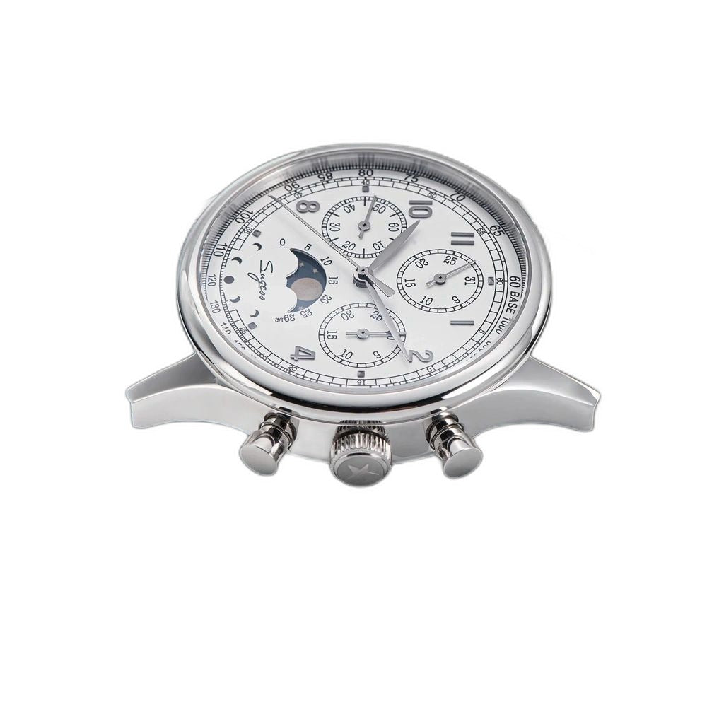 Sugess S389-2-01 moonphase chronograph side profile with star screw crown and pump pushers, black leather