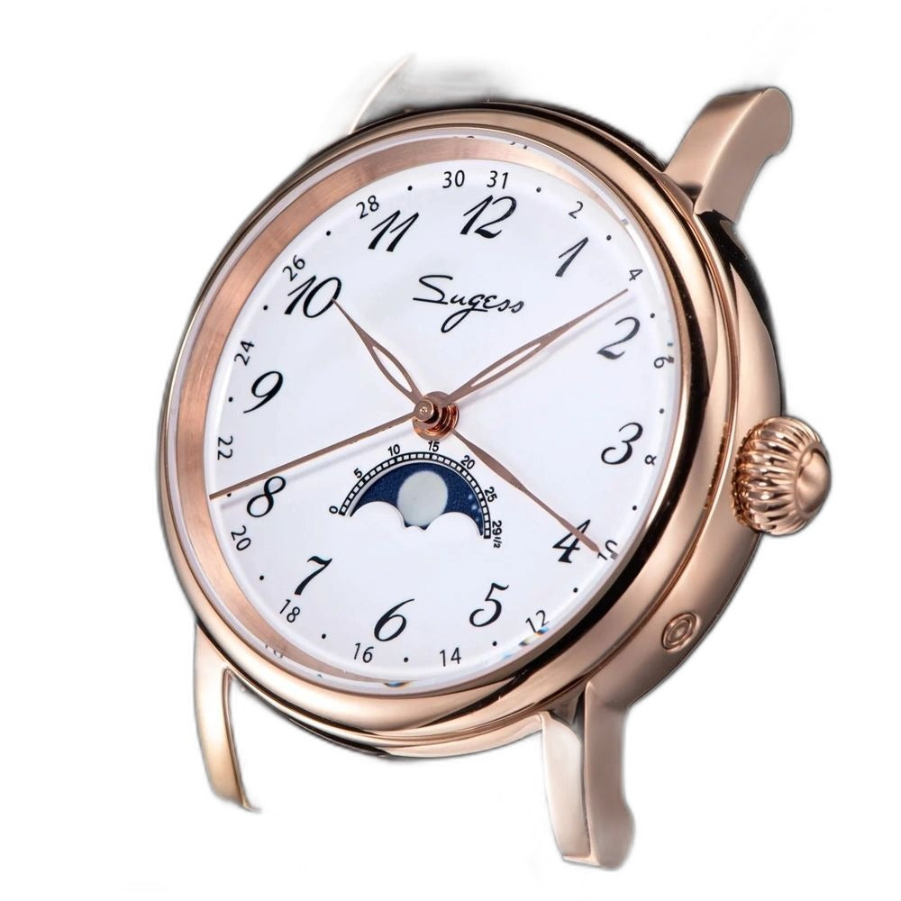 Sugess S395-02 white-dial rose-gold moonphase on brown leather strap, angled close-up view
