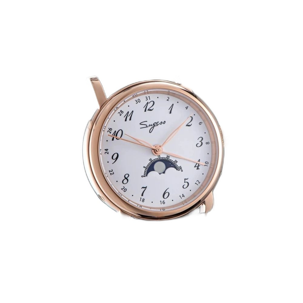 Sugess S395-02 white-dial rose-gold moonphase on brown leather strap, angled studio product view