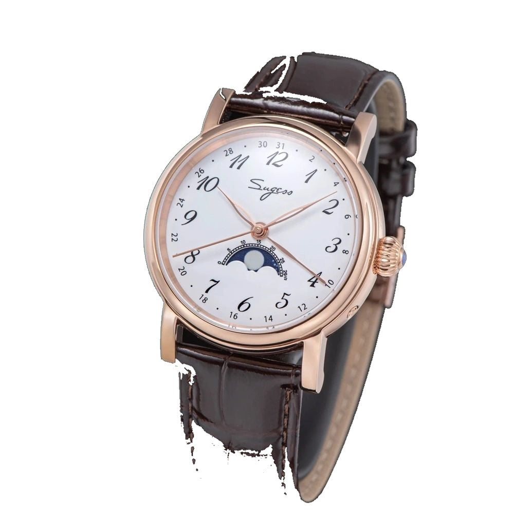 Sugess S395-02 white-dial moonphase on brown leather strap, three-quarter angled view with onion crown