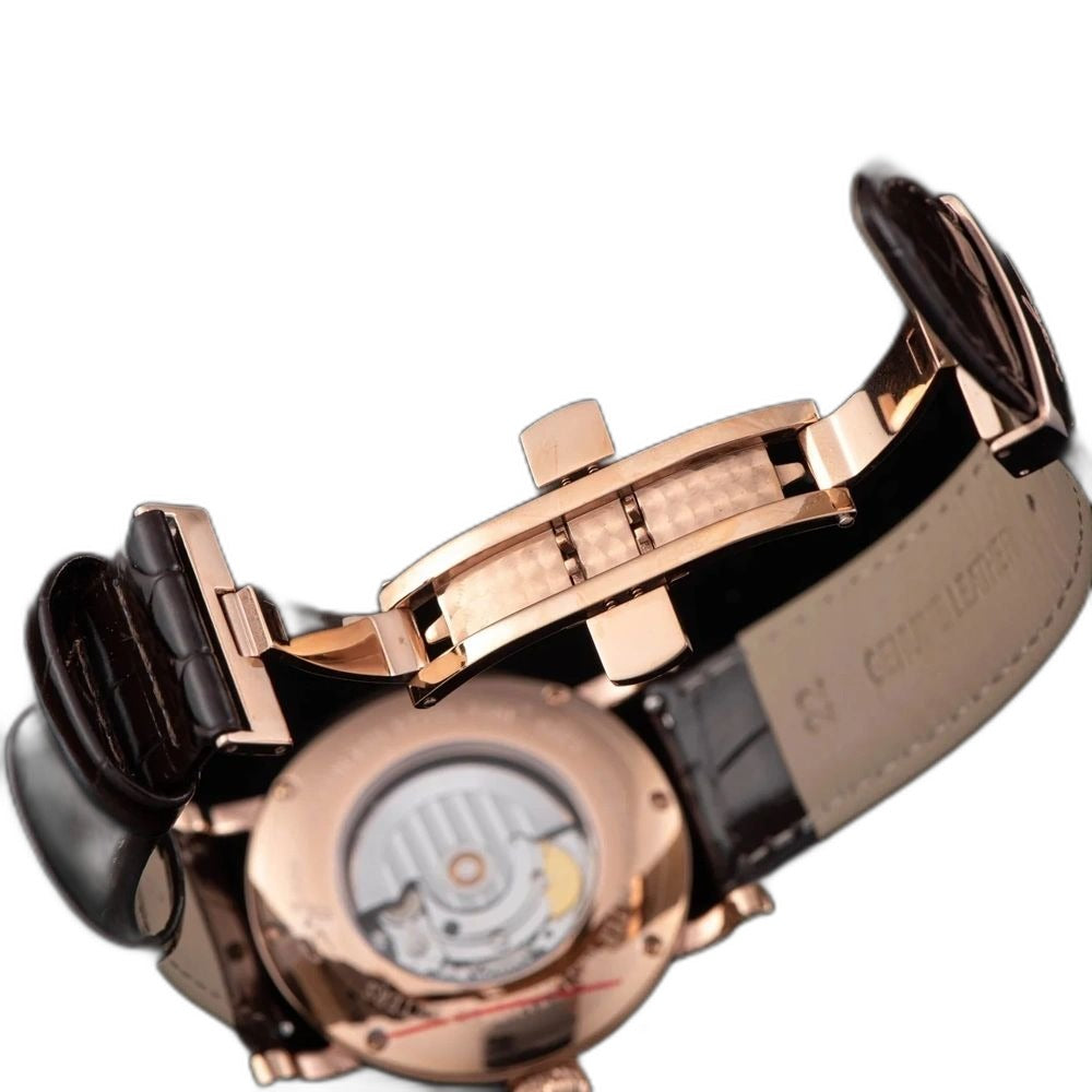 Sugess S395-02 rose-gold-tone caseback with automatic rotor and folding clasp, brown leather strap, rear view