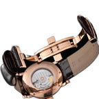 Sugess S395-02 rose-gold-tone caseback with automatic rotor and folding clasp, brown leather strap, rear view