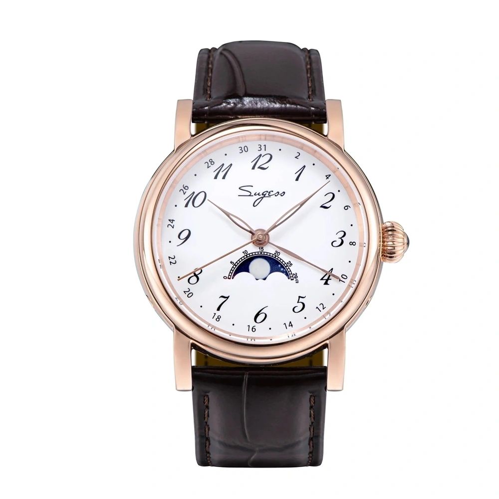 Sugess S395-02 moonphase automatic 41mm, white dial, rose-gold-tone case, moon phase at 6, brown leather strap, front
