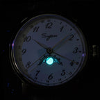 Sugess S395-02 white moonphase dial glowing lume in the dark with blue moon phase display, close-up