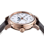 Sugess S395-02 moonphase side profile close-up, fluted onion crown, rose-gold-tone case, brown leather