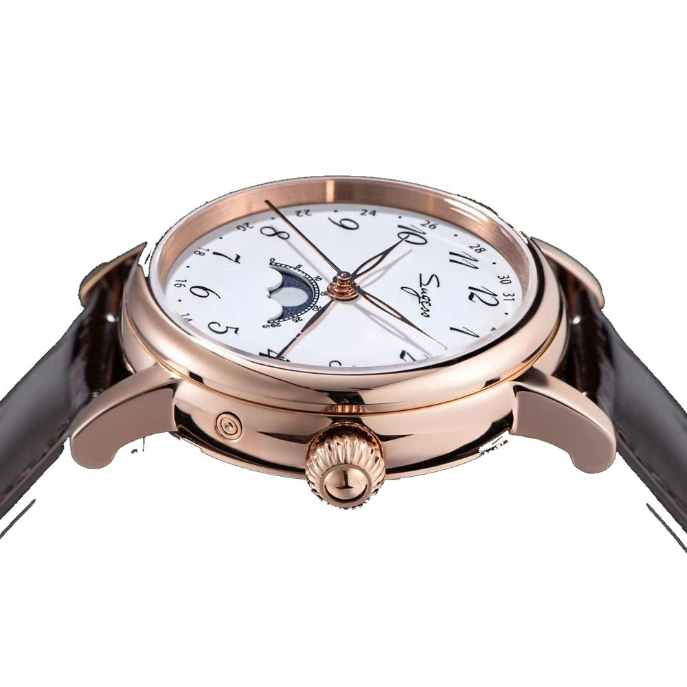 Sugess S395-02 moonphase side profile close-up, fluted onion crown, rose-gold-tone case, brown leather