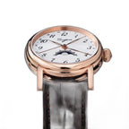 Sugess S395-02 moonphase side profile with fluted onion crown, rose-gold-tone case, brown leather
