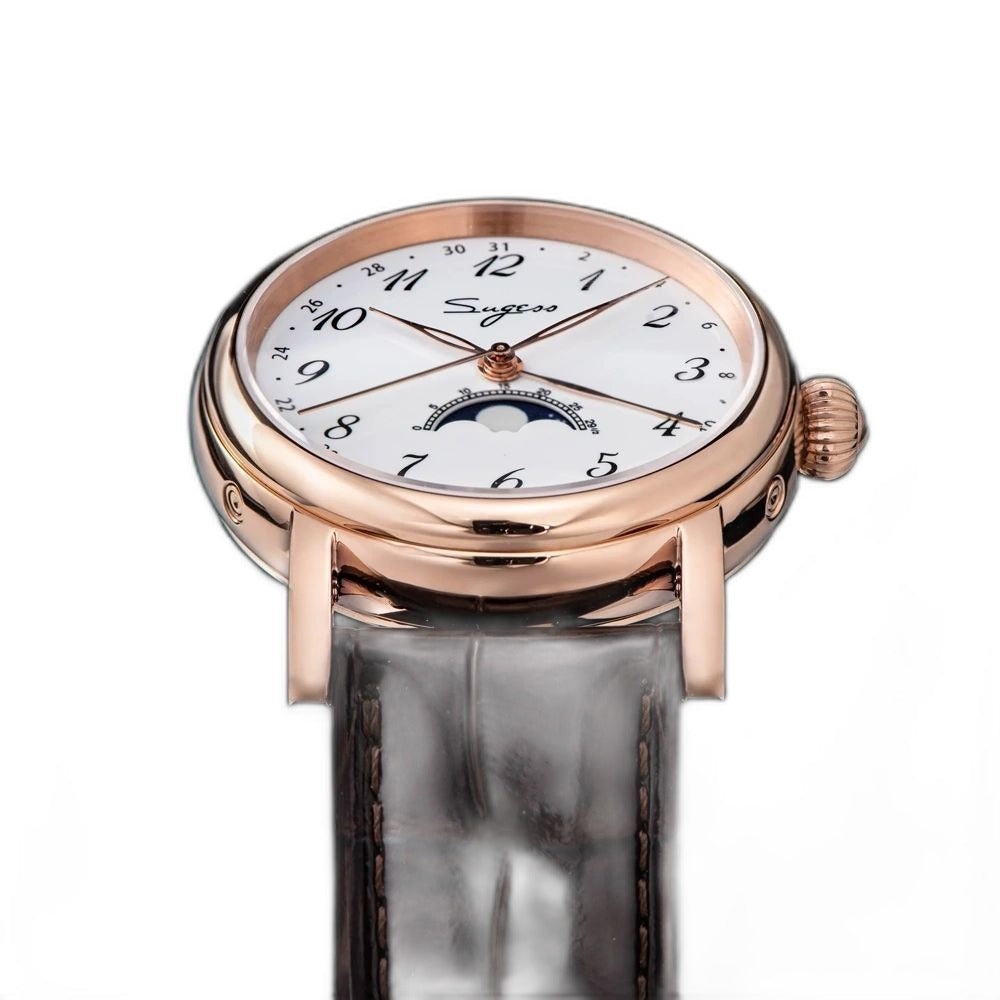Sugess S395-02 moonphase side profile with fluted onion crown, rose-gold-tone case, brown leather
