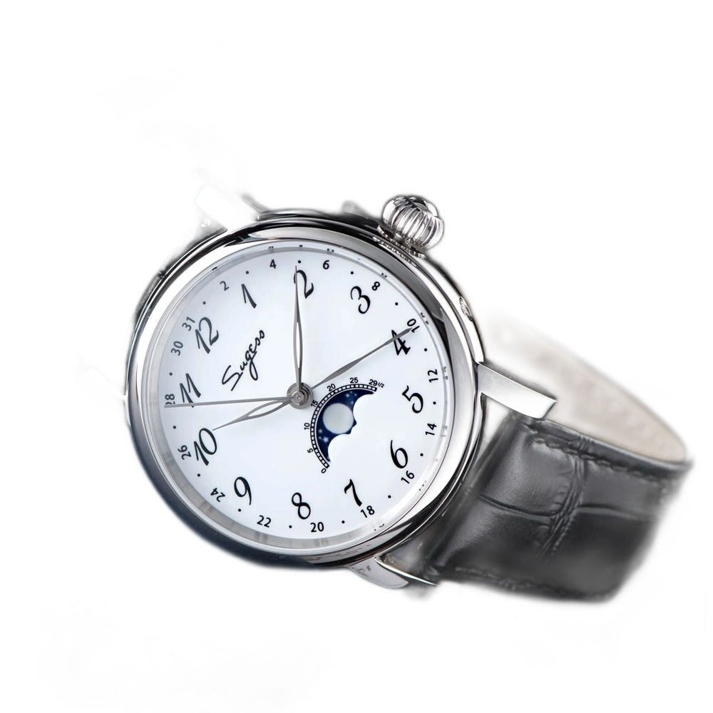 Sugess S395 moonphase automatic on black leather strap, angled on blue surface, three-quarter view