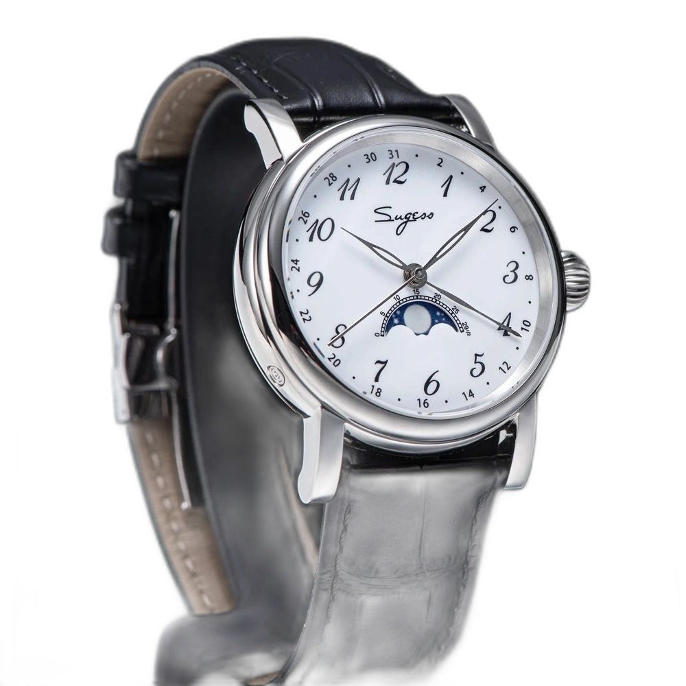 Sugess S395 moonphase automatic on black leather strap, angled studio product view