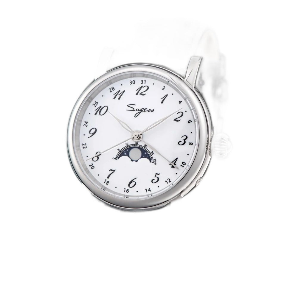 Sugess S395 moonphase automatic on black leather strap, front-angled studio view