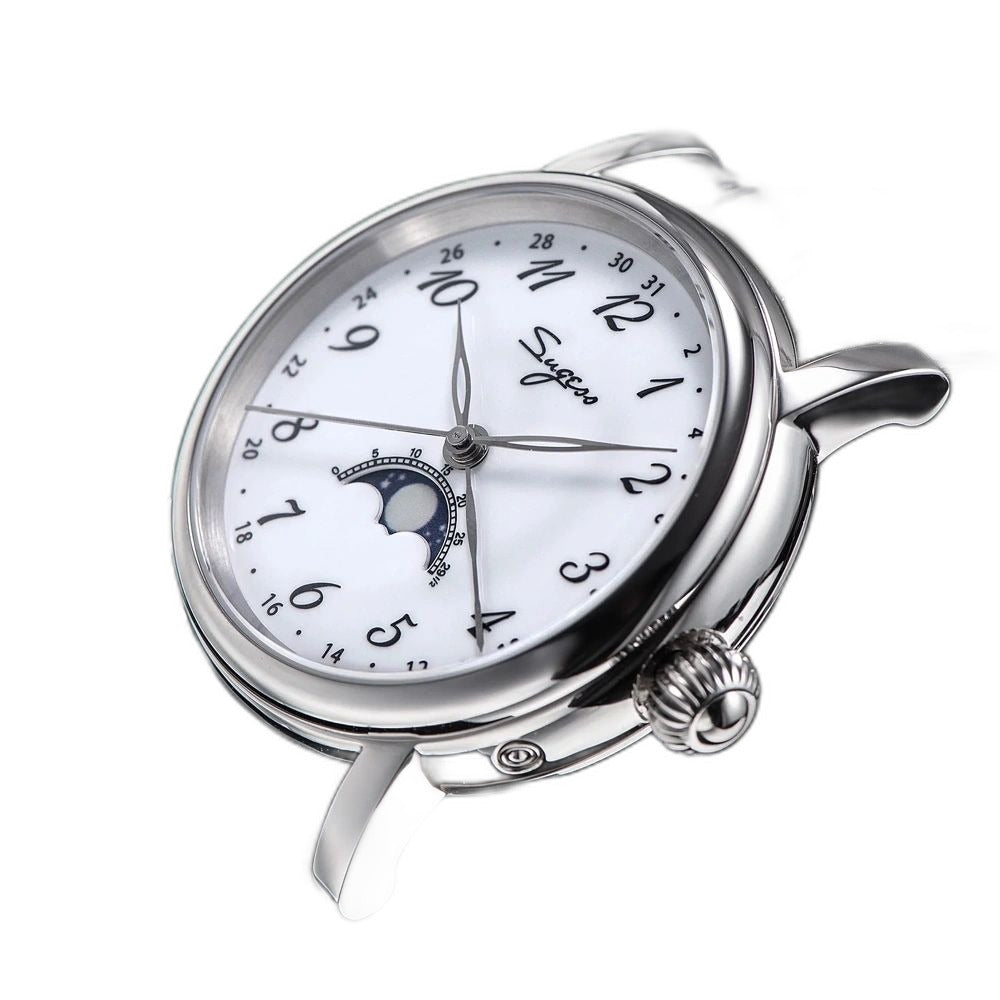 Sugess S395 moonphase automatic on black leather strap, three-quarter angled view with onion crown