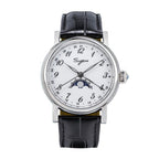 Sugess S395 moonphase automatic 41mm, white silver dial, Arabic numerals, moon phase at 6, black leather strap, front