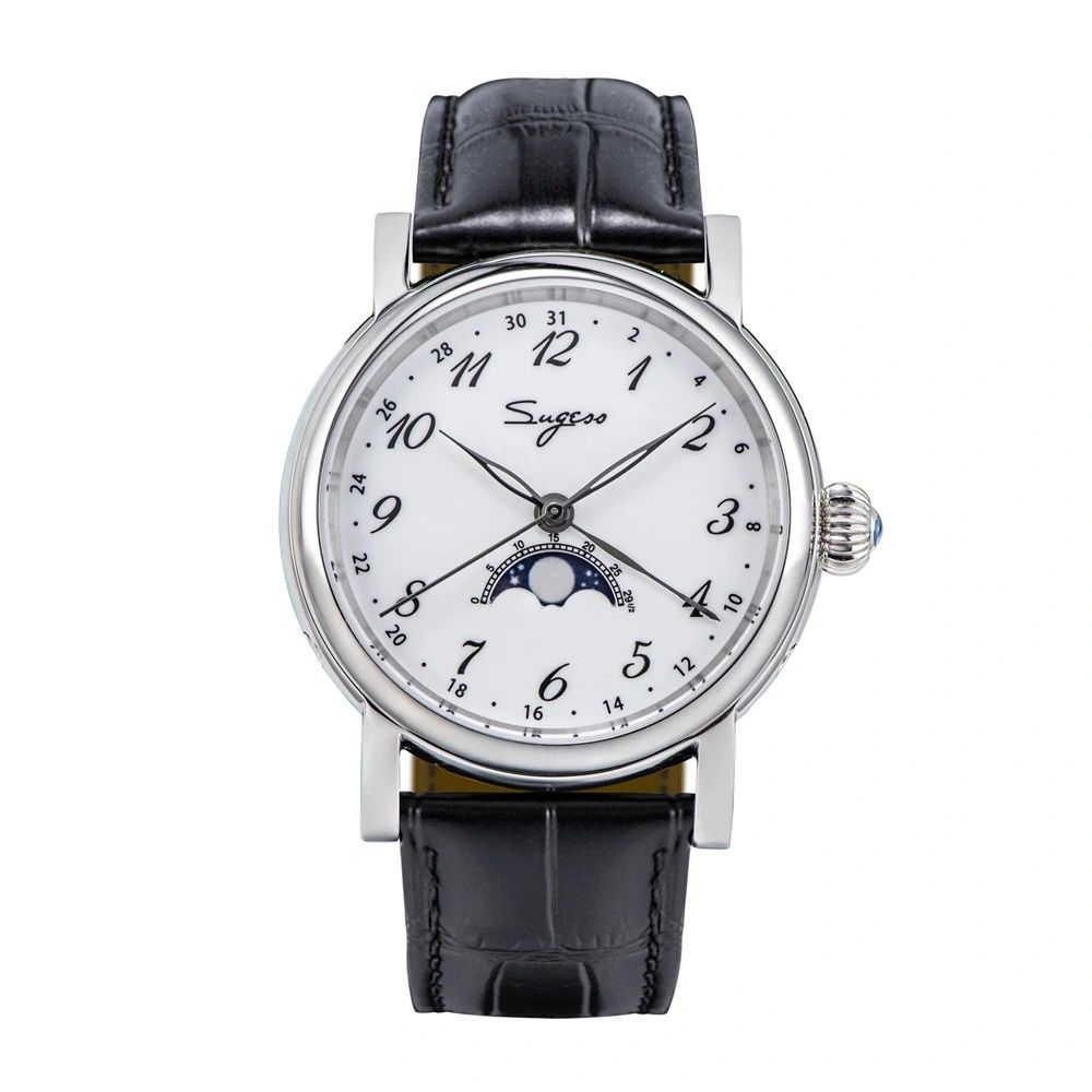 Sugess S395 moonphase automatic 41mm, white silver dial, Arabic numerals, moon phase at 6, black leather strap, front
