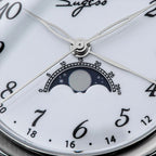 Sugess S395 white silver dial macro, blue moon phase display and dauphine hands, close-up