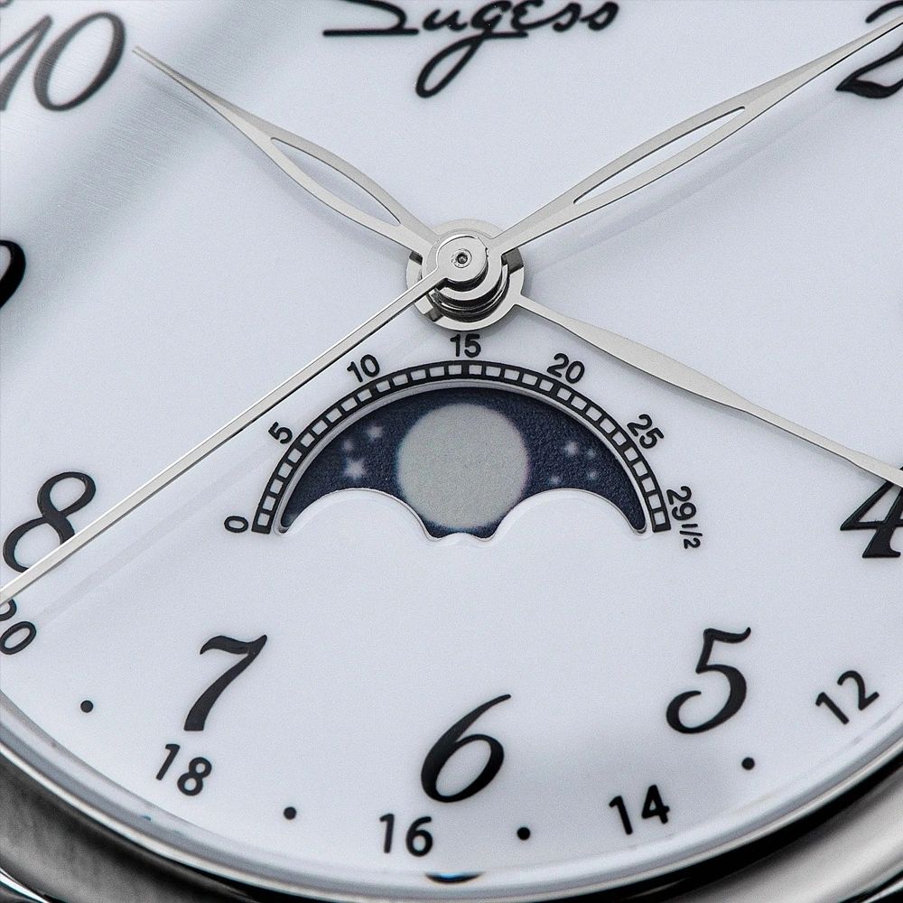 Sugess S395 white silver dial macro, blue moon phase display and dauphine hands, close-up