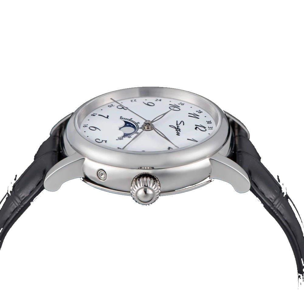 Sugess S395 moonphase automatic side profile with fluted onion crown, black leather strap