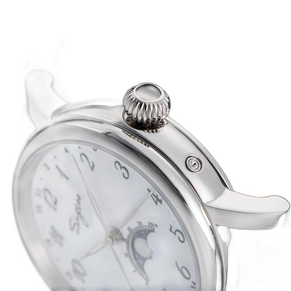 Sugess S395 moonphase automatic side close-up with fluted onion crown and case screw, black leather