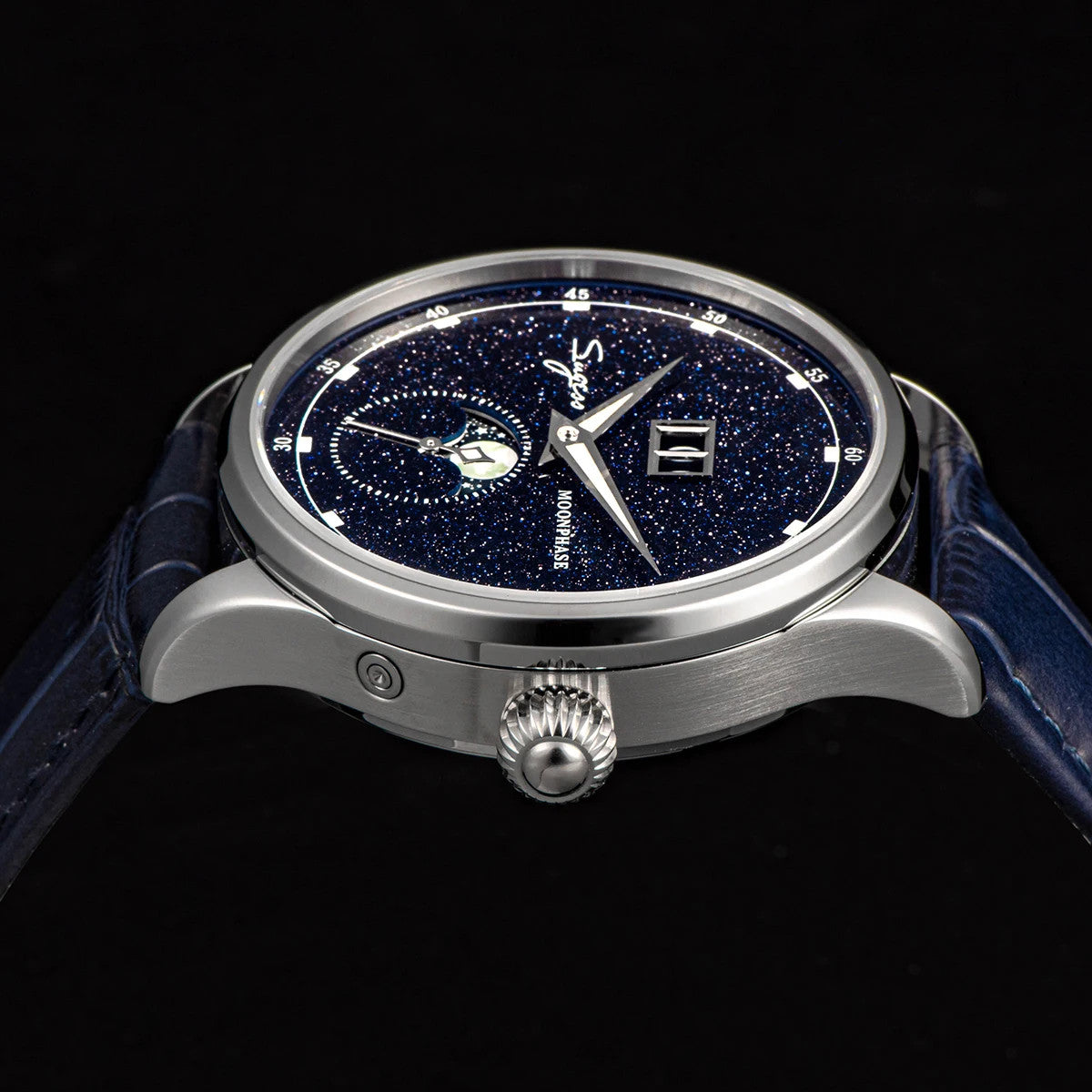 Sugess S401B moonphase 40mm automatic watch caseback showing exposed movement on black background