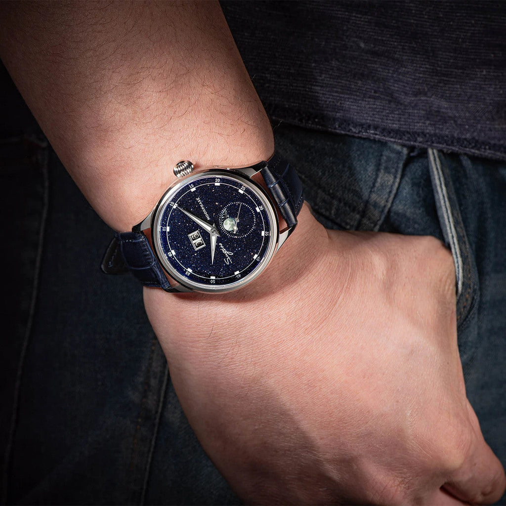 Sugess S401B moonphase automatic watch with blue starry sandstone dial and blue leather strap on wrist