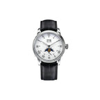 Sugess S401B Moonphase automatic watch with white Roman numeral dial and black leather strap, front view