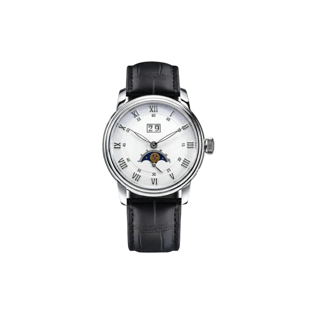 Sugess S401B Moonphase automatic watch with white Roman numeral dial and black leather strap, front view